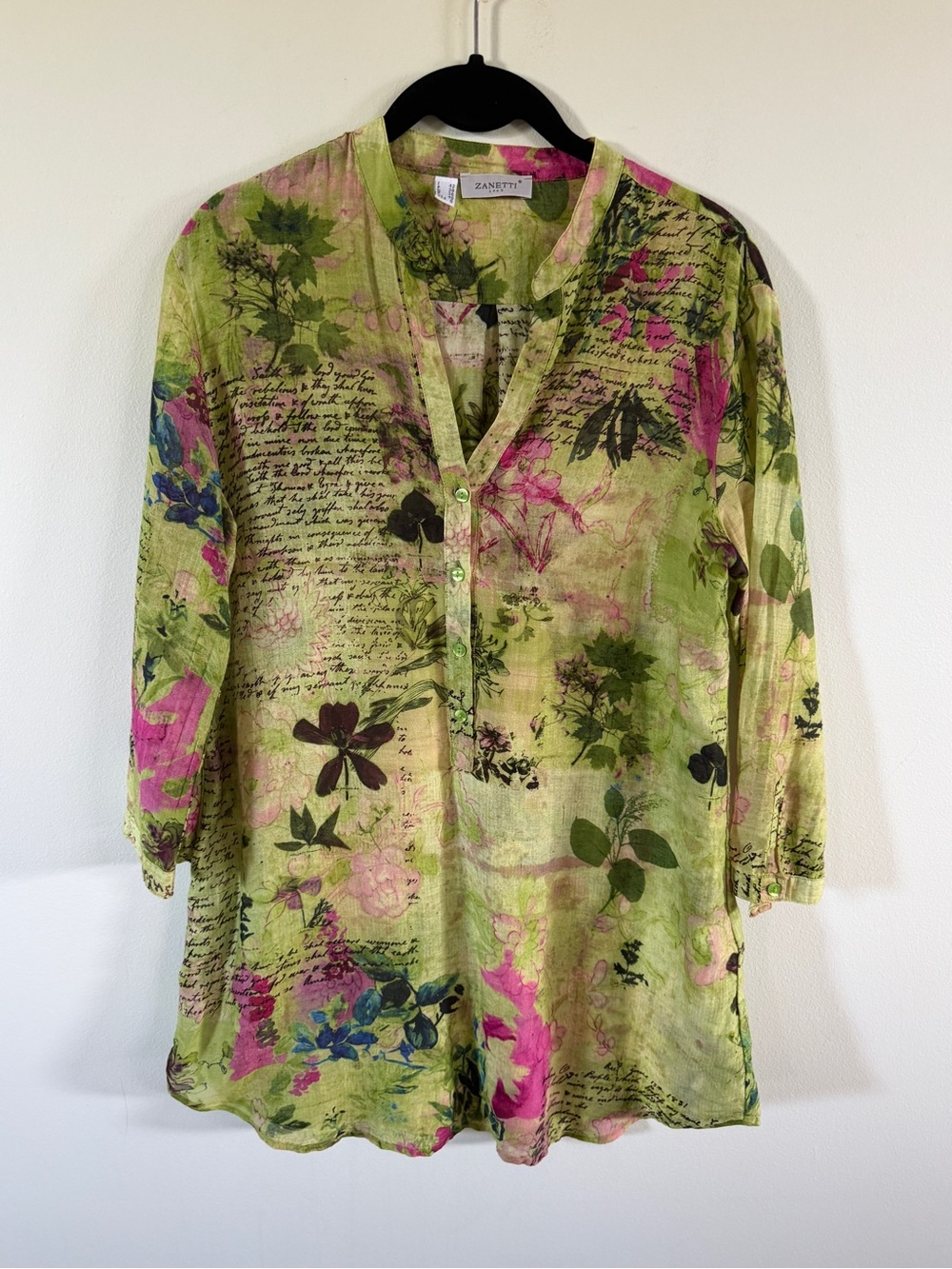 Zanetti Lime Green Floral Script-Print Tunic Blouse small